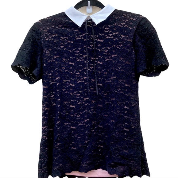 Adorable Karl Lagerfeld Paris Black & Pink Lace Short Sleeve Shirt - Picture 8 of 9